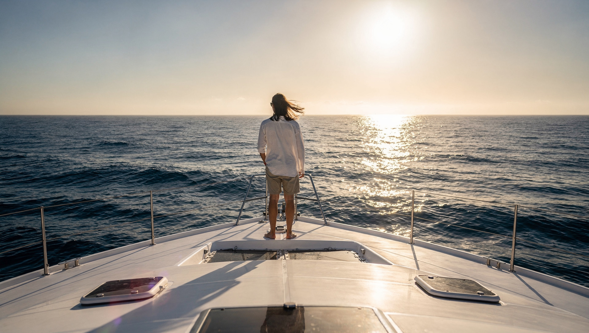 Moment de détente sur le pont d'un catamaran en mer